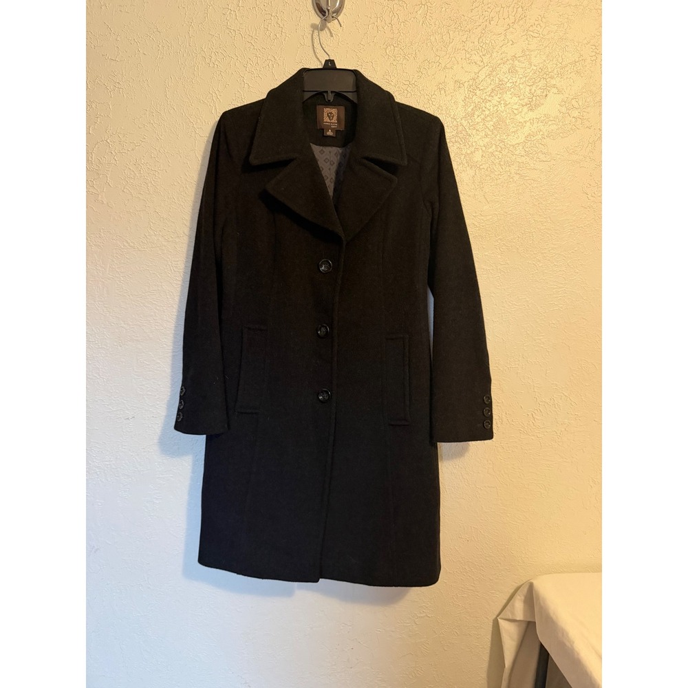 Anne Klein Womens Black Wool Cashmere Blend Button Front Overcoat Size 8